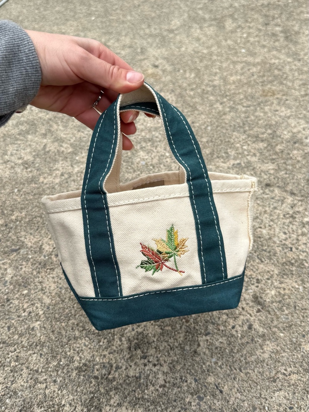 LL Bean Mini Boat Tote Bag Green Canvas Purse w/ Embroidered Leaves 10”